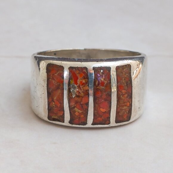 Sterling Coral Inlay Wide Band — Size 11 - Picture 3 of 14